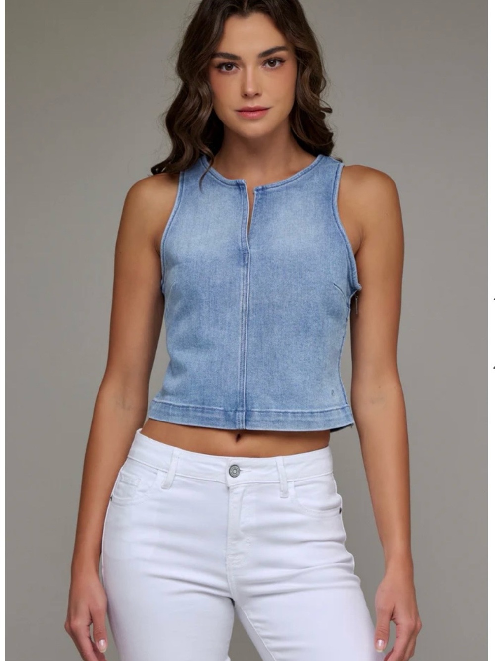 [REBEL] LIGHT WASH BODYCON CREW NECK- DENIM STRETCH TANK TOP